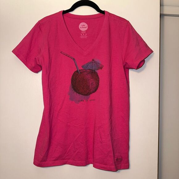 Life is Good Classic V Neck Pina Colada Pink Graphic Tee  Medium EUC - Picture 1 of 9